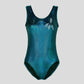 Australian made K-Lee Designs sleeveless leotard made with teal jade holographic velvet, adorned with cute diamante flower design on the right shoulder