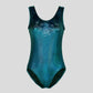 Australian made K-Lee Designs sleeveless leotard made with teal jade holographic velvet, adorned with beautiful diamante floral design right below the neckline