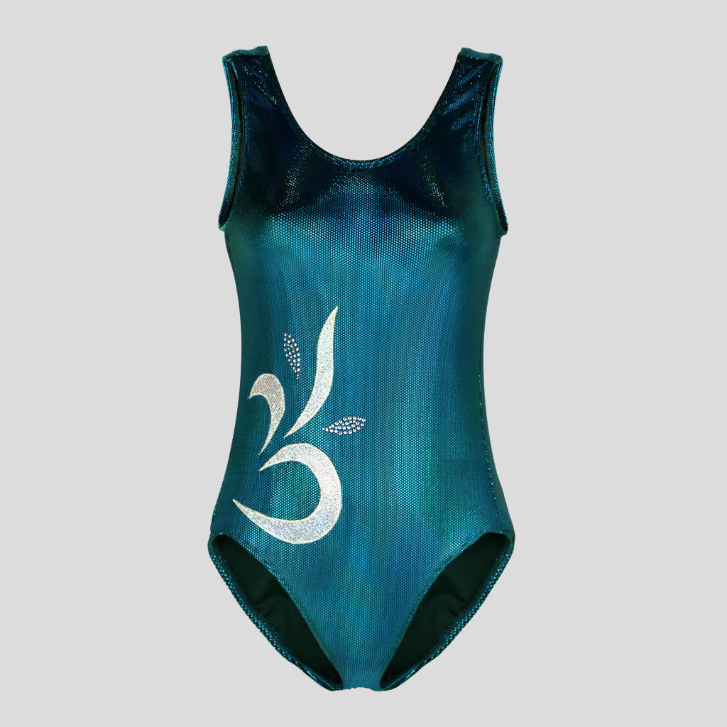 Australian made K-Lee Designs sleeveless leotard made with teal jade holographic velvet, adorned with beautiful shiny appliques and diamantes on the left side