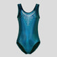 Australian made K-Lee Designs sleeveless leotard made with teal jade holographic velvet, adorned with gorgeous princess necklace diamante design right below the neckline