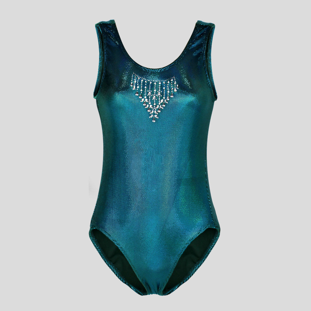 Australian made K-Lee Designs sleeveless leotard made with teal jade holographic velvet, adorned with gorgeous princess necklace silver foil design right below the neckline