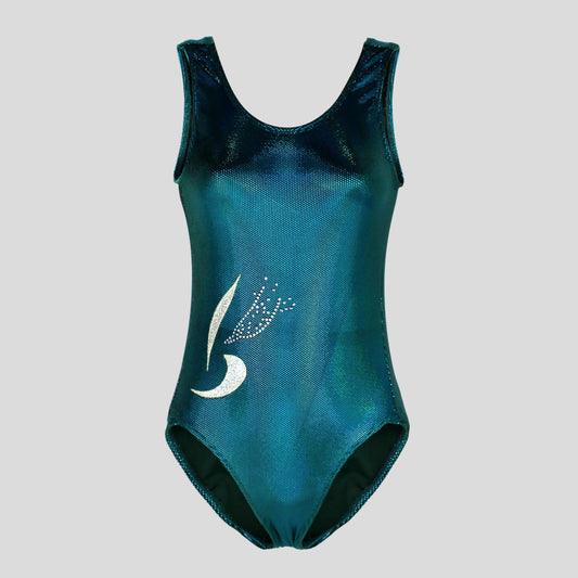 Australian made K-Lee Designs sleeveless leotard made with teal jade holographic velvet, adorned with unique shiny appliques and diamantes on the lower left side