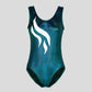Australian made K-Lee Designs sleeveless leotard made with teal jade holographic velvet, adorned with shiny applique design across the front