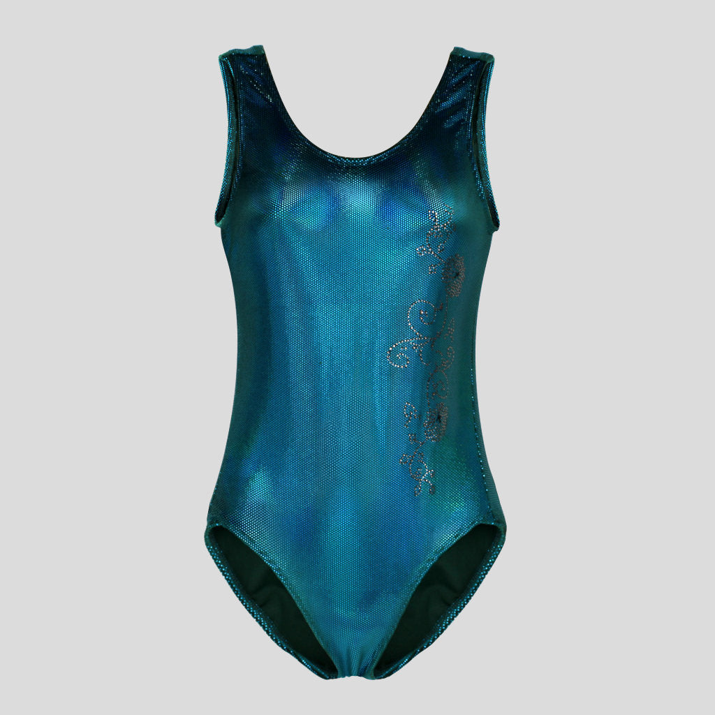 Australian made K-Lee Designs sleeveless leotard made with teal jade holographic velvet, adorned with floral silver diamante design along the right side
