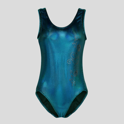 Australian made K-Lee Designs sleeveless leotard made with teal jade holographic velvet, adorned with floral silver diamante design along the right side