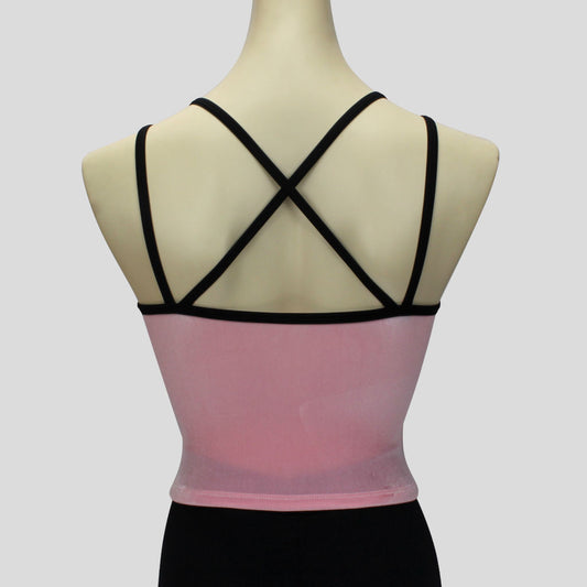 back of the velvet top in light pink with double black straps