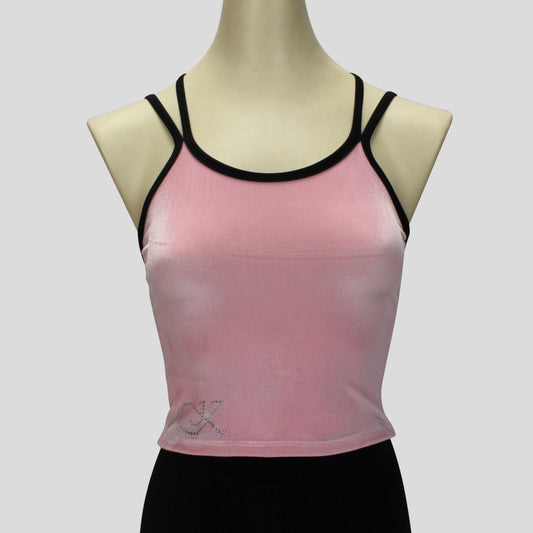 velvet top in light pink with double black spaghetti straps