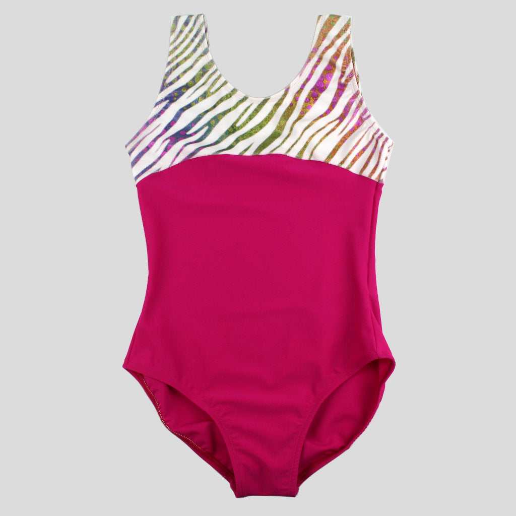 rainbow zebra print accented shoulders with pink body leotard for girls