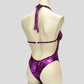 back of womens' bodybuilding one piece in a purple floral lace print