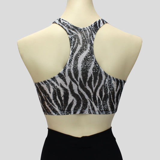back view of the black and white zebra print crop top with a glitter overlay in a sportsback style