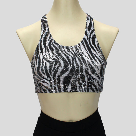 black and white zebra print crop top with a glitter overlay in a sportsback style