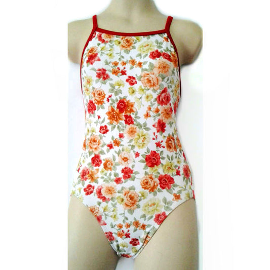 girls white floral print swimsuit with red straps