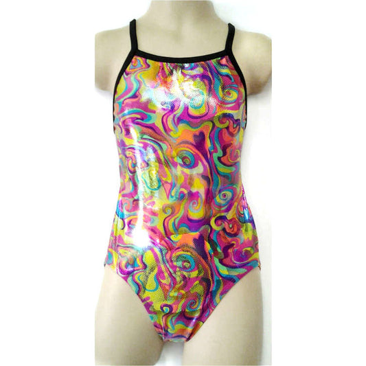 colourful metallic oil spill pattern swimsuit with black trimmings for girls