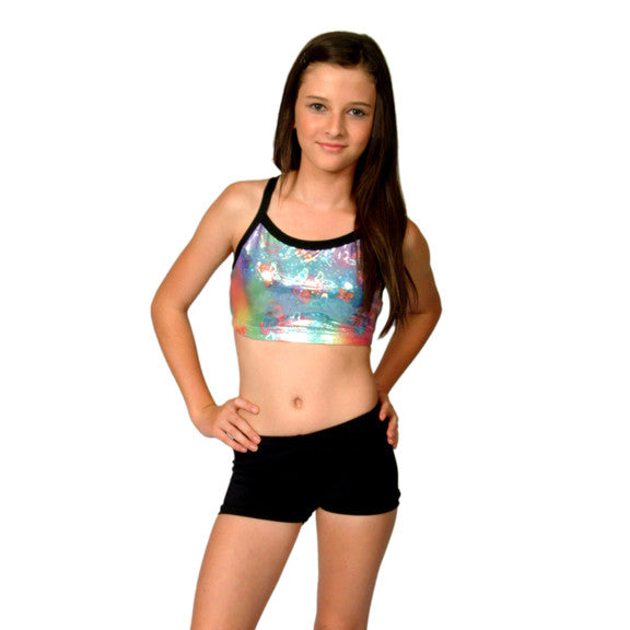 girl wearing our mystic butterflies print crop top with black straps