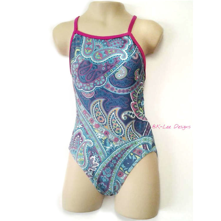 girls blue paisley pattern swimsuit with pink trimmings