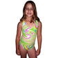 girl wearing the green girls' retro swirl swimsuit 