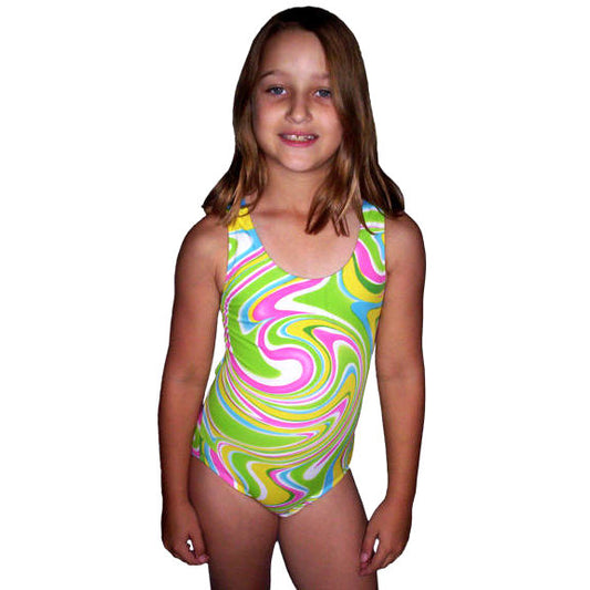 girl wearing the green girls' retro swirl swimsuit