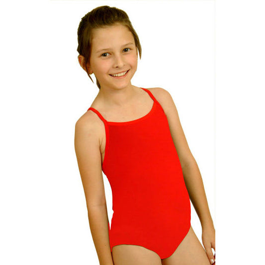 girl wearing red swimsuit with thin straps