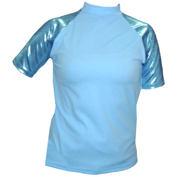our unisex sky blue sun shirt with blue sparkly sleeves