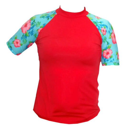 red sun shirt with tropical florals print contrast sleeves