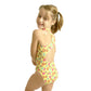 back view of our kids yellow garden swimsuit with keyhole back design