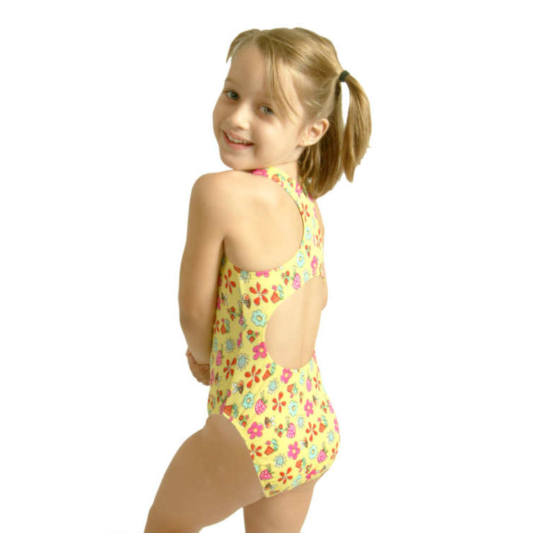 back view of our kids yellow garden swimsuit with keyhole back design